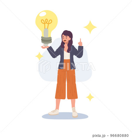 Woman holds a large light bulb in her hand. New creative idea, problem solved, creative thinking, innovation, brain activity, inspiration. flat Vector cartoon illustration 96680880