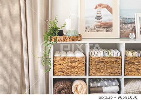 Domestic textile bed linen neatly placed cupboard shelves minimalism Nordic storage method Domestic textile bed linen neatly placed cupboard shelves minimalism Nordic storage method 96681030