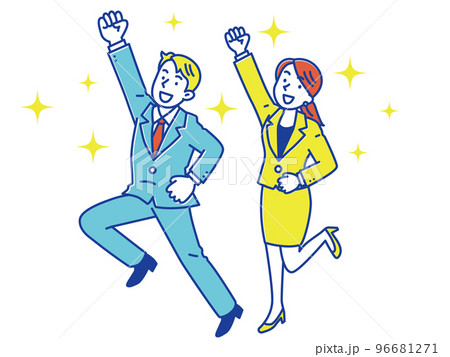 笑顔でジャンプするビジネスマンの男女　全身 96681271