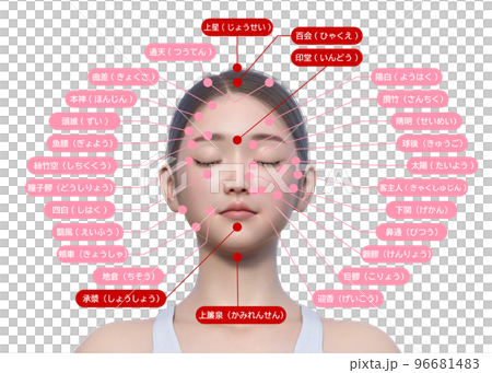 女性の顔のツボ　ナチュラルな日本人3Dモデルの上半身 顔アップの3Dイラスト 96681483