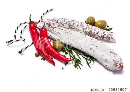 Spanish Fuet thin dried salami sausage isolated on a white background Spanish Fuet thin dried salami sausage isolated on a white background 96682607