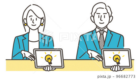 タブレットパソコンで説明したり提案する男女ビジネスパーソン【ベクターイラスト素材】 96682773