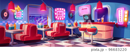 Fast food retro cafe restaurant night interior 96683220