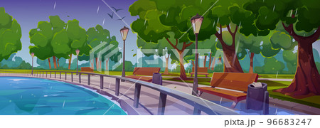 Quay in city park at rain landscape with river bay Quay in city park at rain landscape with river bay 96683247