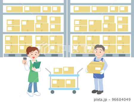 仕分けピッキングの仕事_集積所で荷物を仕分けする男女 96684049