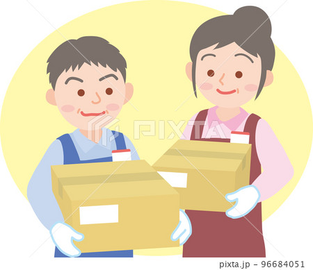 働く人_仕分けピッキング配送の仕事_シニア男女2人_セット_上半身_背景色あり 96684051
