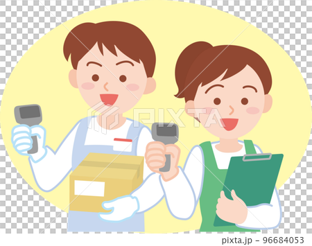 働く人_仕分けピッキング配送の仕事_バーコードリーダーを持った男女2人_セット_上半身_背 96684053