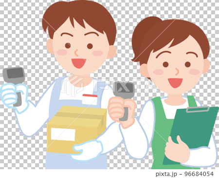 働く人_仕分けピッキング配送の仕事_バーコードリーダーを持った男女2人_セット_上半身 96684054