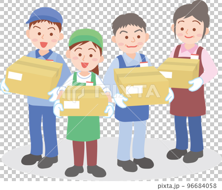 働く人のイラスト_仕分けピッキング配送の仕事_男女4人_セット_全身 96684058