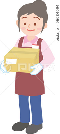 働く人_仕分けピッキング配送の仕事_段ボールの荷物持った女性_シニア_全身 96684094