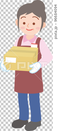 働く人_仕分けピッキング配送の仕事_段ボールの荷物持った女性_シニア_全身 96684094