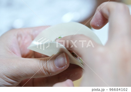透明感の肌色の指手で餃子を作る 96684102