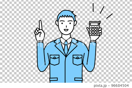 電卓を持って指さす作業着を着た男性のシンプルな線画 96684504