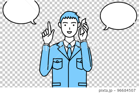 電話をしながら指さしをする作業着を着た男性のシンプルな線画 96684507