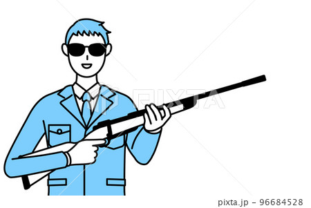 サングラスをかけてライフル銃を持つ作業着を着た男性のシンプルな線画 96684528