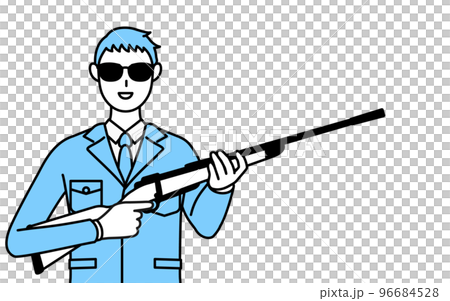 サングラスをかけてライフル銃を持つ作業着を着た男性のシンプルな線画 96684528