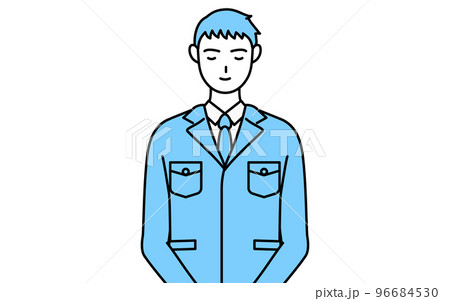 手を体の正面で組む作業着を着た男性のシンプルな線画 96684530