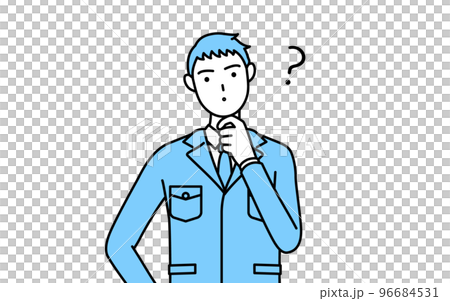A simple line drawing of a man wearing work clothes with doubts 96684531