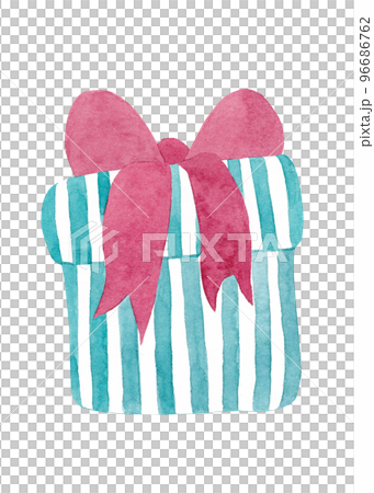 A Christmas gift. Watercolor isolated illustration of a striped gift box with a red bow. Perfect for your holiday decor 96686762