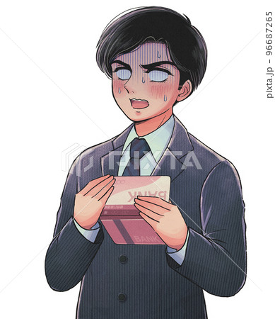 ガーン…お金がない…通帳を持った貧乏サラリーマンのイラスト 96687265
