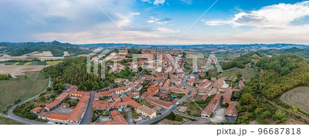 Panoramic drone picture of Castello Cereseto in Piedmont in the evening 96687818