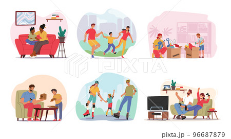 Set Parents Spend Time with Children. Mothers and Fathers Family Characters and Kids Walking, Skating, Playing 96687879