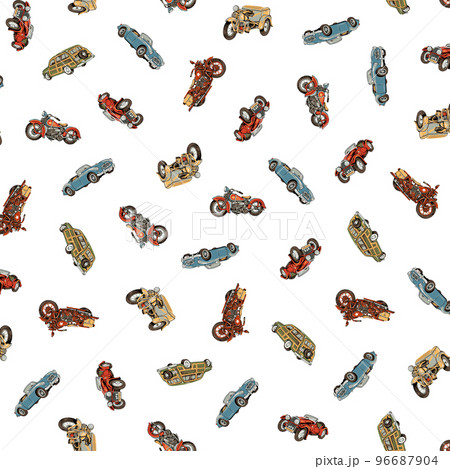 手描きクラシックカーとオートバイの柄, 手描きクラシックカーとオートバイの柄, 96687904