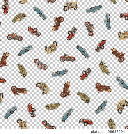 手描きクラシックカーとオートバイの柄, 手描きクラシックカーとオートバイの柄, 96687904