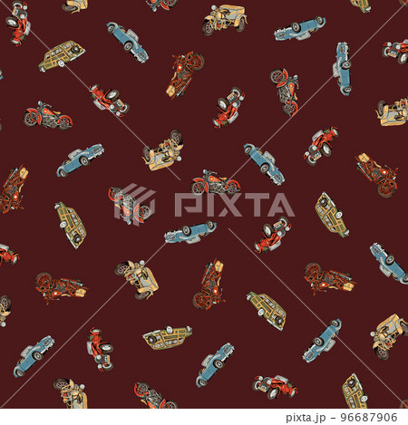 手描きクラシックカーとオートバイの柄, 96687906