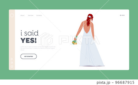 Wedding Ceremony Landing Page Template. Stylish Redheaded Bride in Elegant Long Dress Rear View. Beautiful Romantic Lady 96687915