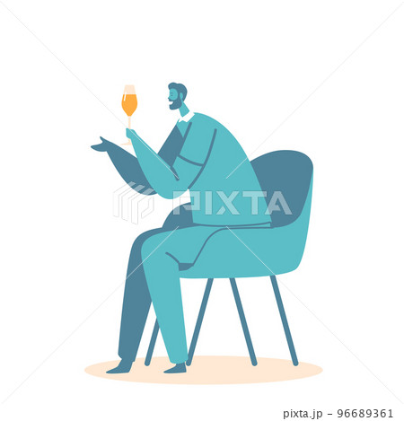 Man Drink Alcohol at Home or Bar. Mature Male Character Sitting on Chair Holding Wineglass in Hand Isolated on White 96689361