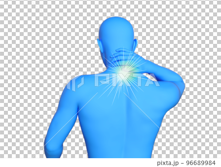 首こりに悩む男性 青いマネキンを後から見た上半身後ろ姿の3Dイラスト 首こりに悩む男性 青いマネキンを後から見た上半身後ろ姿の3Dイラスト 96689984