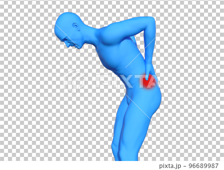 腰痛に悩む男性の青いマネキンを横から見た3D 上半身横向きのイラスト 腰痛に悩む男性の青いマネキンを横から見た3D 上半身横向きのイラスト 96689987