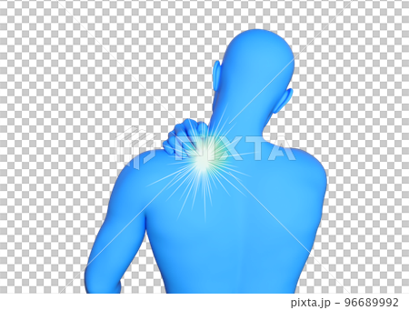 肩こりに悩む男性　青いマネキンを後から見た上半身後ろ姿の3Dイラスト 96689992