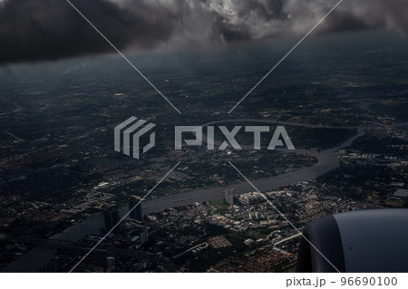 Aerial view landscape of Bangkok city in Thailand with cloud from aerial view airplane. 96690100