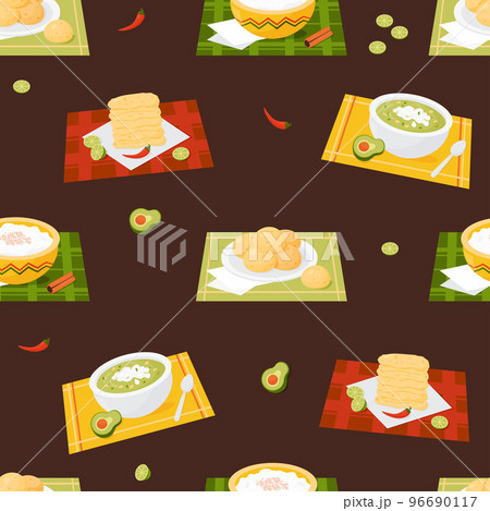 Seamless pattern with latin american food. National traditional dishes mexican food corn tortillas, Arroz con leche, green soup, Brazilian cheese bread on dark brown background. Vector illustration. Seamless pattern with latin american food. National traditional dishes mexican food corn tortillas, Arroz con leche, green soup, Brazilian cheese bread on dark brown background. Vector illustration. 96690117