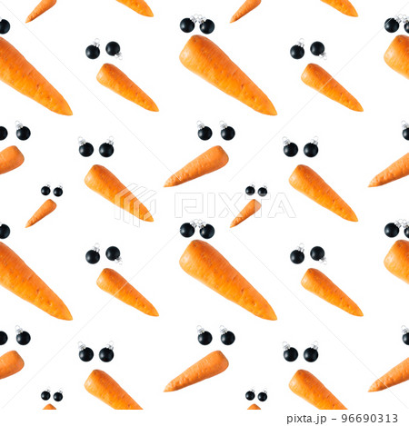Seamless pattern. Creative snowman faces made of carrots and black Christmas balls on a white background. Seamless pattern. Creative snowman faces made of carrots and black Christmas balls on a white background. 96690313