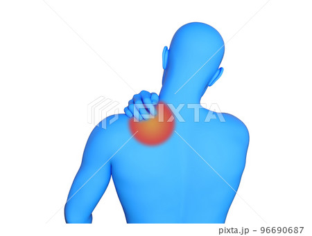 肩こりに悩む男性の青いマネキンを後から見たイラスト 上半身後ろ姿の3D 96690687