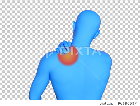 肩こりに悩む男性の青いマネキンを後から見たイラスト 上半身後ろ姿の3D 96690687