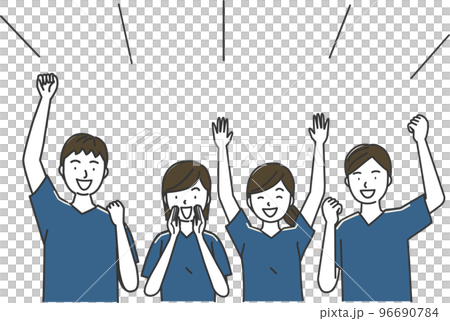 Two men and two women wearing uniforms and cheering 96690784