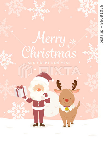 クリスマス　雪原のサンタクロースとトナカイのフレーム背景 ピンク 96691056