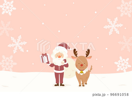 クリスマス　雪原のサンタクロースとトナカイのフレーム背景 ピンク 96691058