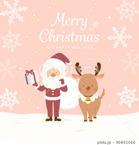 クリスマス　雪原のサンタクロースとトナカイのフレーム背景 ピンク 96691060