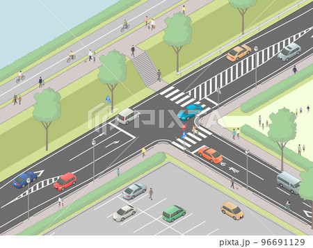 アイソメトリック図法で描いたT字交差点のイメージ[B]（堤防道路-01） 96691129