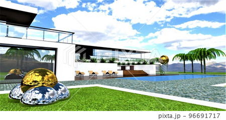 Courtyard of a futuristic estate. Installation in the form of gold and chrome balls on the lawn. Granite paving stone with white border. Swimming pool and seating area in front of the house. 3d Courtyard of a futuristic estate. Installation in the form of gold and chrome balls on the lawn. Granite paving stone with white border. Swimming pool and seating area in front of the house. 3d 96691717