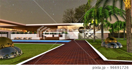 Night scene in the courtyard of a luxurious estate. Installations in the form of metal balls on the lawn on the sides of the cobbled road lined with crane bricks. 3d render. 96691726