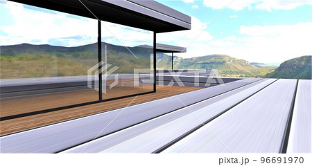 Futuristic balcony with a gorgeous view of the mountain landscape. Finishing of a facade zinc covering with a thermoefficient composite inside. Environmentally friendly deck board. 3d rendering. 96691970