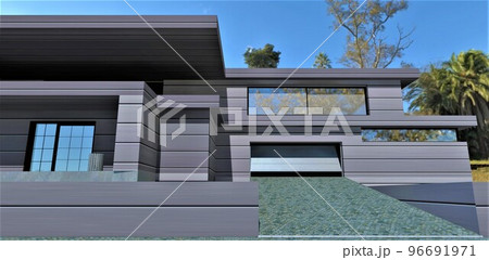 Garage with sloping driveway to a modern country house. Facade porch and canopy finished with insulated metal-coated composite. 3d rendering. Garage with sloping driveway to a modern country house. Facade porch and canopy finished with insulated metal-coated composite. 3d rendering. 96691971