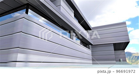 High tech future architecture house exterior. Energy-saving, durable, aesthetic, hermetic, ventilated facade with incoming air purification. Special alloy metal coating ensures long service life. 3d 96691972