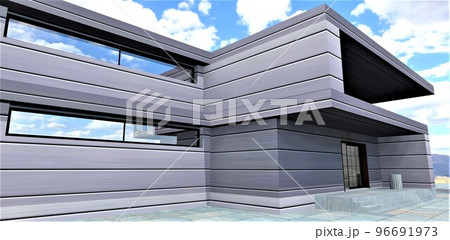 High tech future architecture house exterior. Energy-saving, durable, aesthetic, hermetic, ventilated facade with incoming air purification. Special alloy metal coating ensures long service life. 3d High tech future architecture house exterior. Energy-saving, durable, aesthetic, hermetic, ventilated facade with incoming air purification. Special alloy metal coating ensures long service life. 3d 96691973